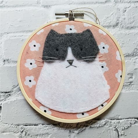 4 Grey and White Cat Face Embroidery Hoop Ornament - Etsy