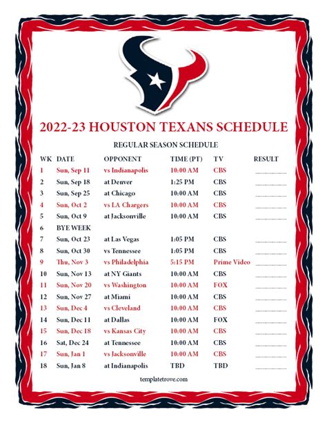 Printable 2022-2023 Houston Texans Schedule