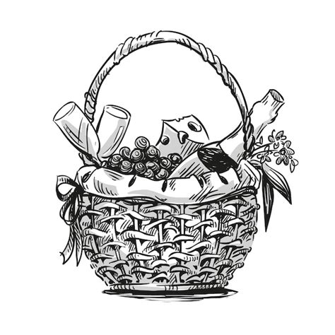 Premium Vector | Picnic basket with snack and champagne, vector line drawing