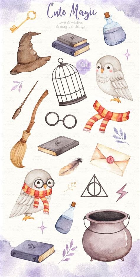 Cute Magic Watercolor Clip Arts, an Animal Illustration by everysunsun | Harry potter watercolor ...