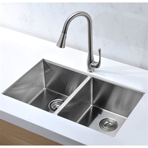 Vanguard Undermount Stainless Steel 32 in. 0-Hole 50/50 Double Bowl Kitchen Sink in Brushed ...