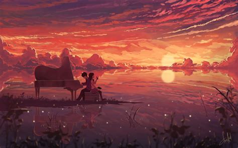 Sunset Background Anime Park - Hd Wallpaper Anime Scenery Sunset Leaves Nature Wallpaper Flare ...