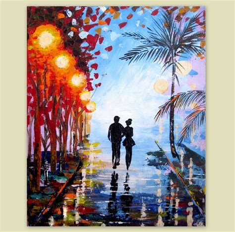 Large Original Acrylic Painting-Couple in love-Night Scene 2-lights of ...