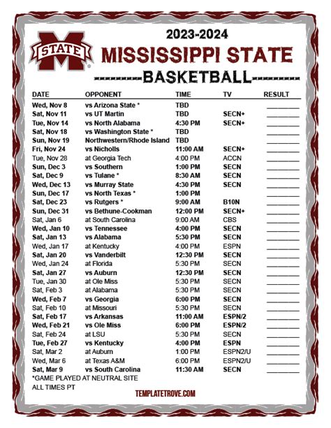 Printable 2023-2024 Mississippi State Bulldogs Basketball Schedule