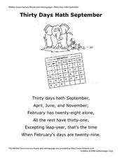 "Thirty Days Hath September" Worksheet for Pre-K - 2nd Grade | Lesson Planet