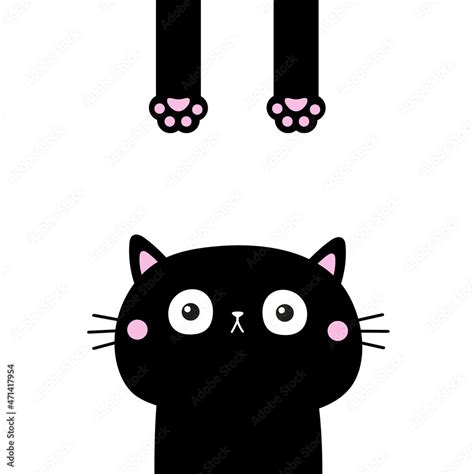 Funny cat. Face head silhouette. Hanging body paw print, tail. Cute ...