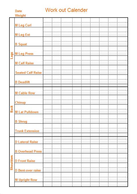 Fillable Workout Calendar Template