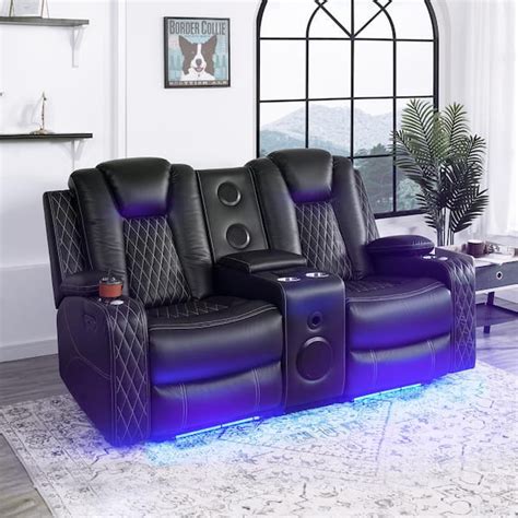 MAYKOOSH Black Air Faux Leather home theater seating with power reclines, 6 cupholders, tray ...