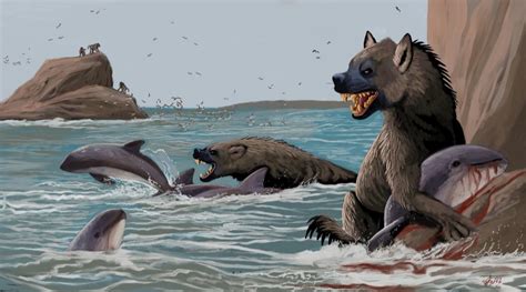 Speculative behaviour of pachycrocuta hunting porpoises, by Hodari Nundu. : r/Paleoart