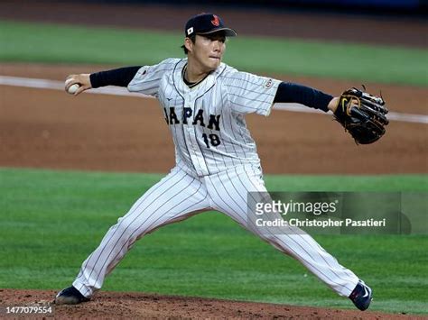 Yoshinobu Yamamoto of Team Japan pitches during the 2023 World... News ...