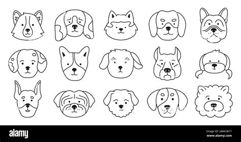 Dog faces emotion doodle outline character set. Cute puppy kawaii head ...