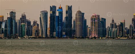 Doha skyline from Corniche daylight panoramic view showing West Bay ...