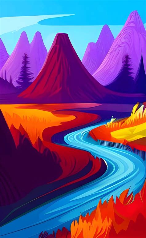 Mountains volcano river illustration. Mobile wallpaper hd in 2023 ...