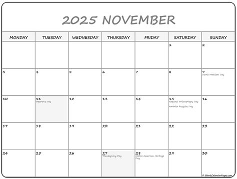 November 2025 Monday Calendar | Monday to Sunday