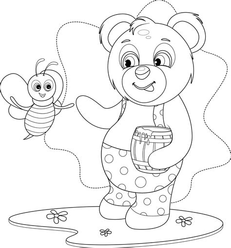 Coloring page. Cute teddy bear with honey and a cheerful bee 10688361 ...