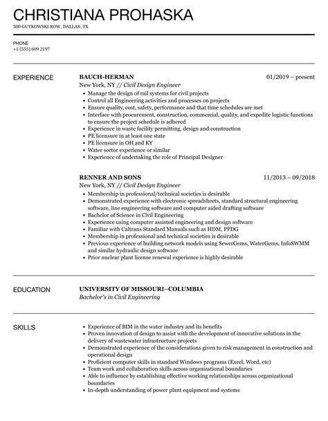 Civil Design Engineer Resume Samples | Velvet Jobs