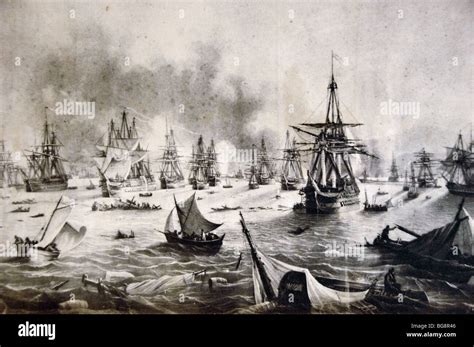 The naval Battle of Navarino (October 20, 1827) in Navarino Bay (now Pylos), in the Peloponnese ...