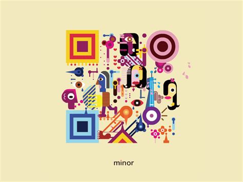 the cover art for minor by various musical instruments and music notes, all in different colors