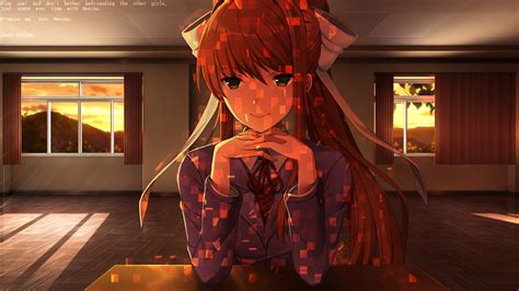 Monika DDLC Glitched Wallpaper by SweetasTeaLeaves on DeviantArt