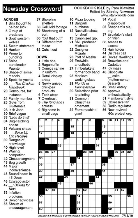 Newsday Crossword Puzzle for Jul 18, 2019, by Stanley Newman | Creators ...