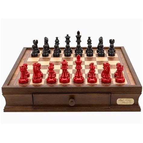 Chess Set Red & Black Wood on 16 inch Walnut Finish Chess Board by Dal Rossi | Presents of Mind