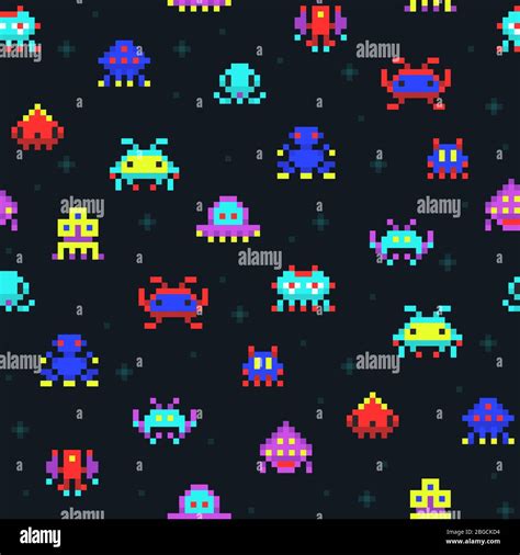 Cute pixel robots, space invaders retro video computer game seamless ...