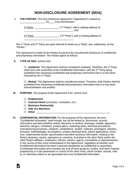 Free Non-Disclosure Agreement (NDA) Templates (21) - PDF | Word – eForms