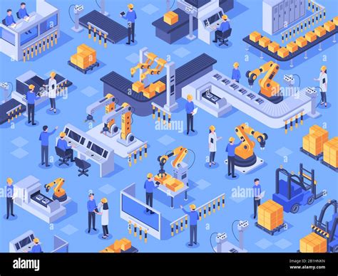 Isometric smart industrial factory. Automated production line, automation industry and factories ...