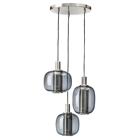 HÖGVIND pendant lamp with 3 lamps, nickel-plated/grey glass, 41 cm - IKEA