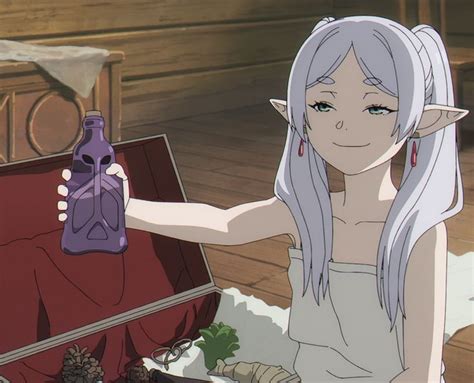 a woman with long white hair holding a purple bottle in front of a chest full of food