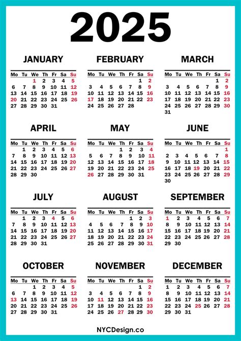 2025 Calendar with US Holidays, Printable Free, Turquoise Blue – Monday ...