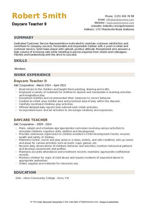 Daycare Teacher Resume Samples | QwikResume