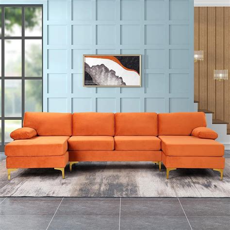 Modern Large Velvet Fabric U-Shape Sectional Sofa, Double Extra Wide Chaise Lounge Couch with ...