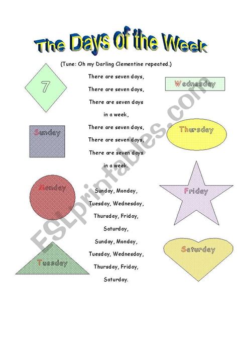 Days of the Week Part 1 - Song - ESL worksheet by abennie