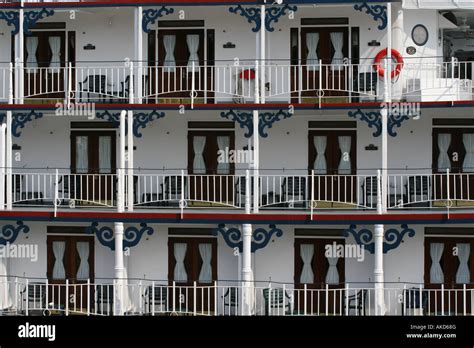 Staterooms of the American Queen riverboat on the Cincinnati riverfront on the Ohio River Stock ...