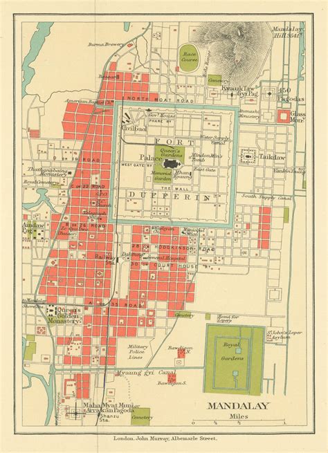 BRITISH BURMA. Mandalay city plan. Myanmar.Fort Dufferin Royal Gardens ...