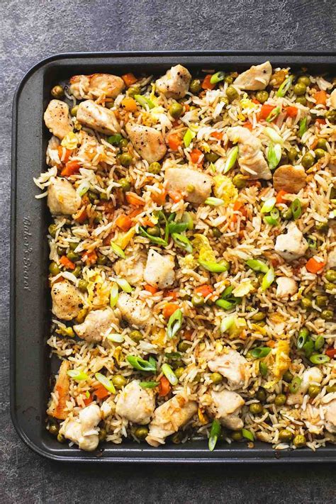 Easy, better than takeout! one sheet pan chicken fried rice has the best flavor and is prepped a ...