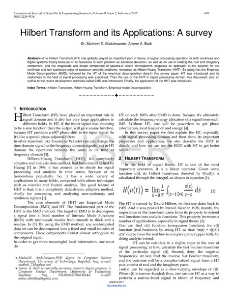 (PDF) Hilbert Transform and its Applications: A survey