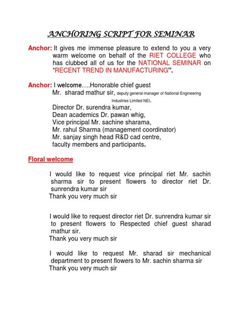 Anchoring Script for Seminar | Science And Technology | Business