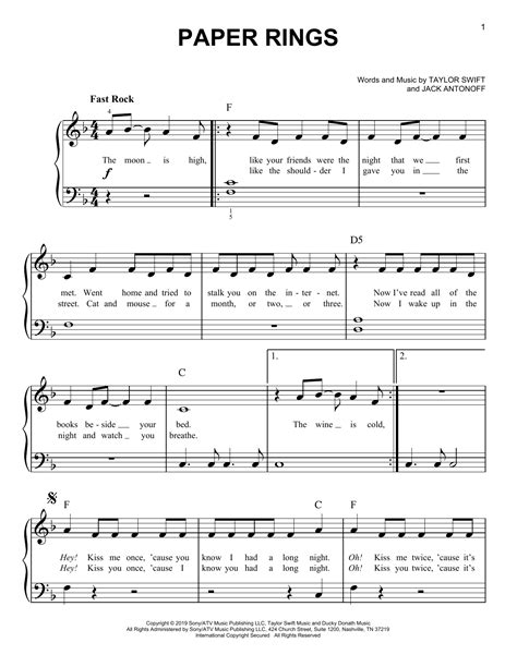 Taylor Swift Paper Rings Sheet Music Notes, Chords in 2023 | Piano ...