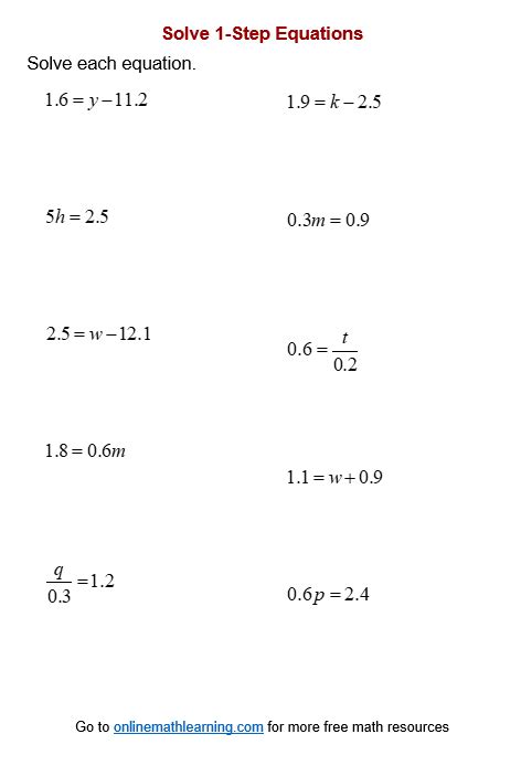 Pre-Algebra - Equations - One Step Equations Containing Fractions ...