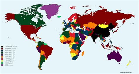 World map with colors showing countries with a population over a certain amount. [6460x3455 ...