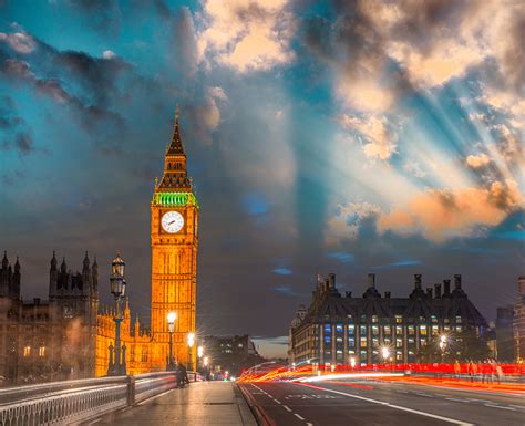 Image London Big Ben United Kingdom Sky Street Night Houses Clouds