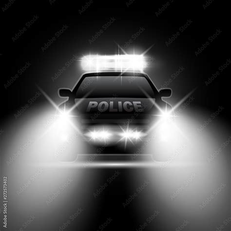 Police car with headlights flares and siren at the night road. Special light beams Stock Vector ...