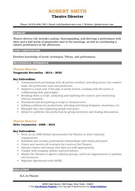 Theatre Director Resume Samples | QwikResume