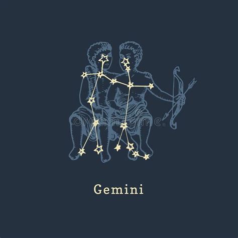 Zodiac Constellation Of Gemini In Engraving Style. Vector Retro Graphic ...