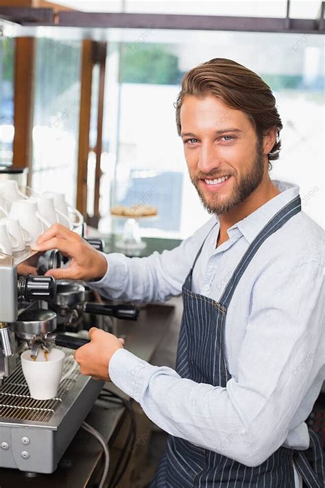 Handsome Barista Making A Cup Of Coffee Coffee Machine Young Adult Shop Photo Background And ...