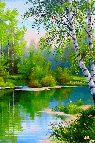 a painting of a lake surrounded by trees