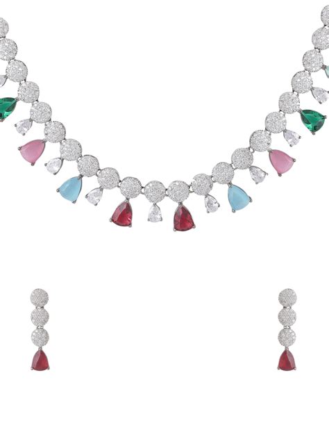 Multi Colored Stones Embedded American Diamond Necklace Set