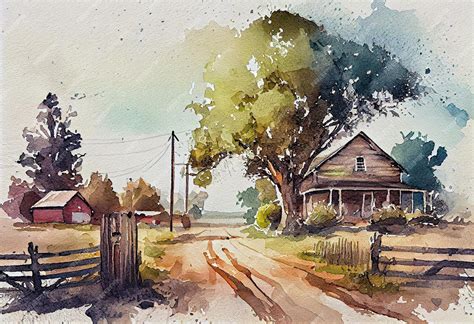 Premium Photo | Beautiful american countryside scene Watercolor drawing ...